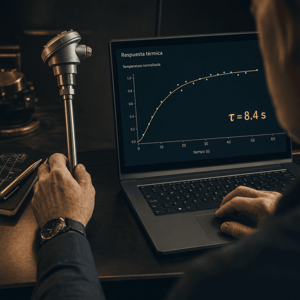 Manos de ingeniero junto a un sensor de temperatura y la curva del modelo ajustando los datos