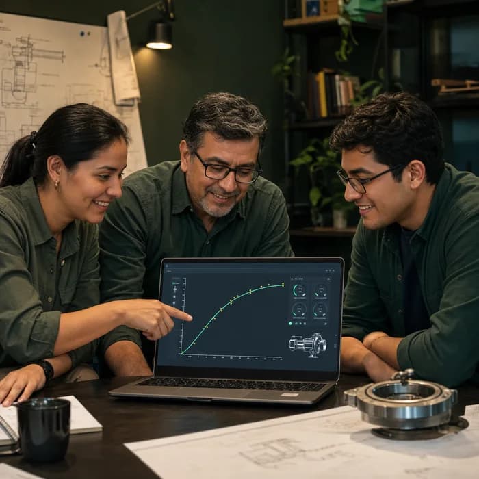 Tres ingenieros revisando juntos el modelo de uno de ellos en una laptop