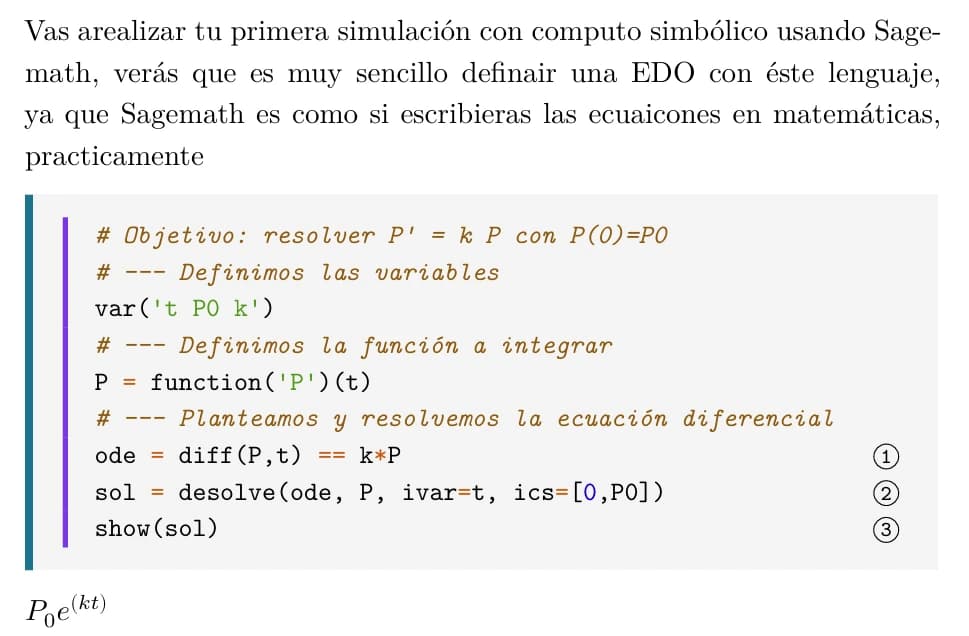 Primer código SageMath ejecutándose · página interna del ebook