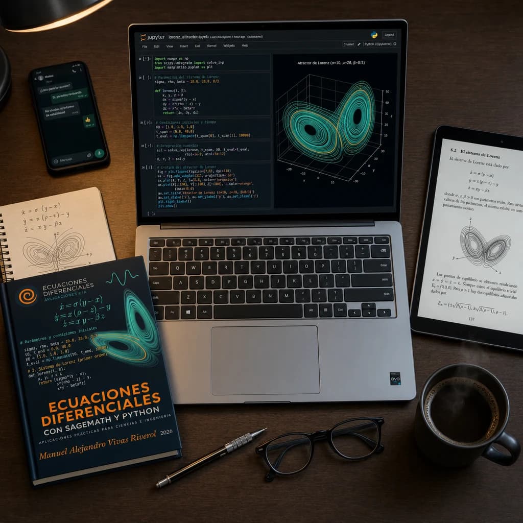 Escritorio de trabajo: laptop con notebook Jupyter mostrando código Python y la gráfica del atractor de Lorenz renderizada, tablet con página interior de ecuaciones del libro, libro físico Ecuaciones Diferenciales con SageMath y Python, cuaderno con ecuaciones a mano y café