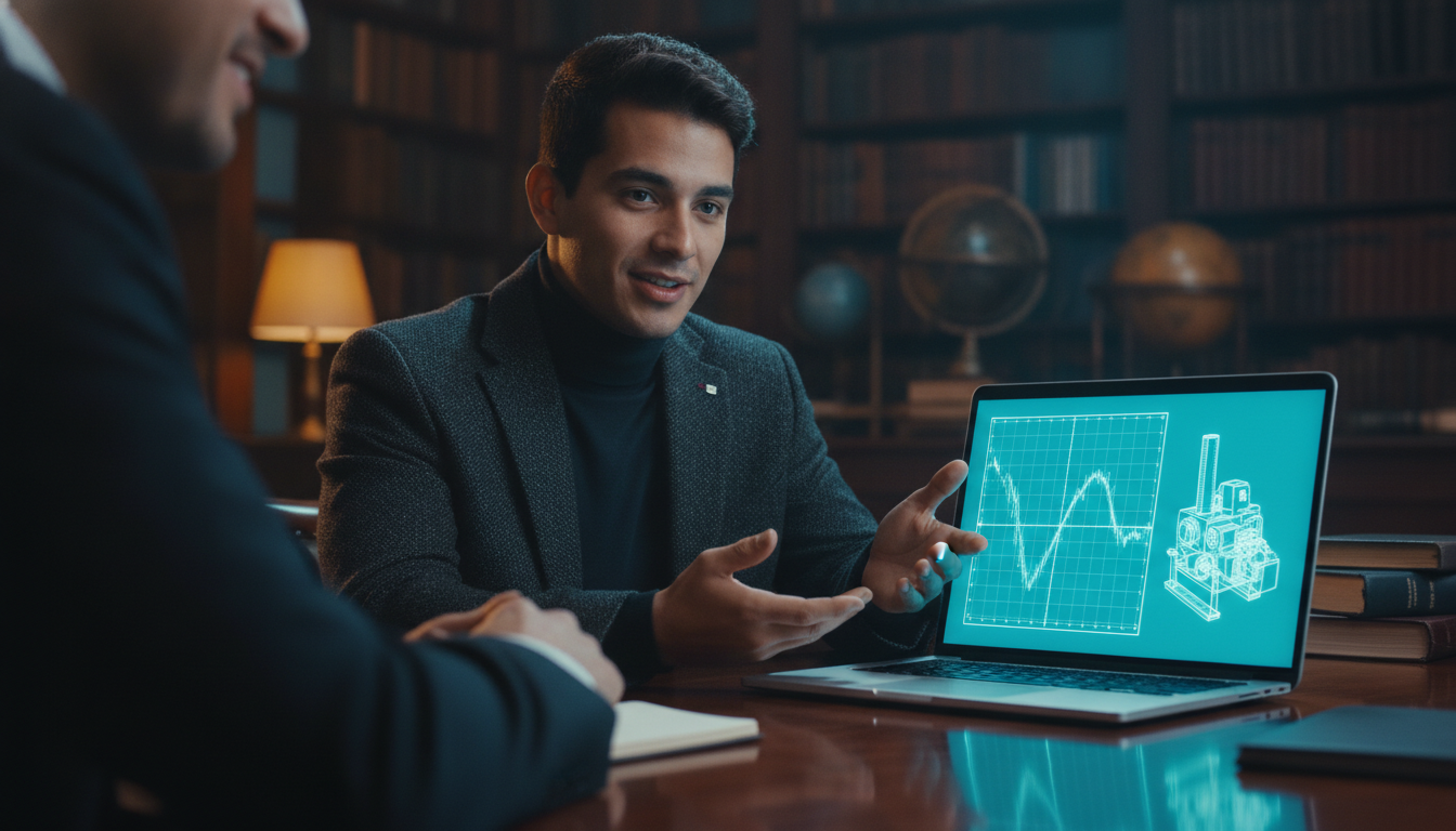 Joven técnico presentando su portfolio de gemelos digitales a un cliente