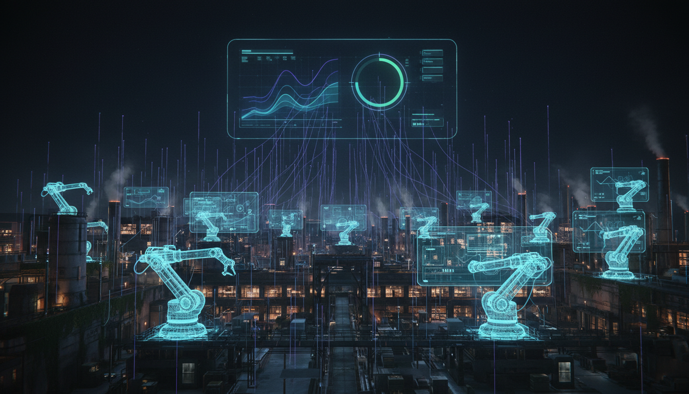 Planta industrial con gemelos digitales conectados a un tablero central